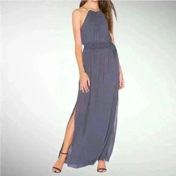 NWT Revolve Krisa Maxi Halter Sleeveless Side Slit Dusty Blue Dress Size Small - Picture 1 of 9